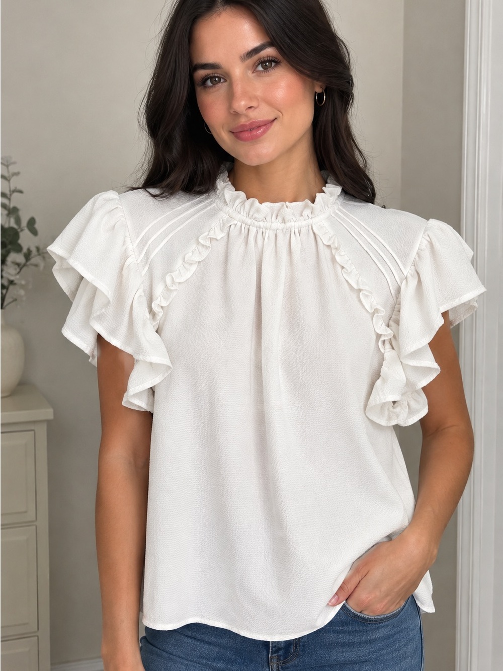 CeCe Ivory Ruffle-Neck Flutter Sleeve Blouse S